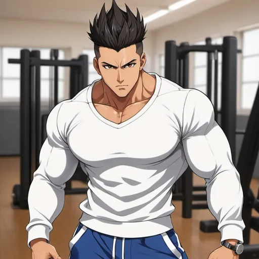 Prompt: Muscular anime guy with black spiked hair between golden brown eyes with tanned skin, is wearing a white long sleeve shirt and blue tracksuit pants and is in school gym