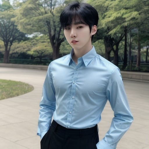 Prompt: Handsome Korean young man in his late teens, short black hair, pale skin, youthful face, lean build, long sleeves light blue shirt, black pants, upper body, park background 