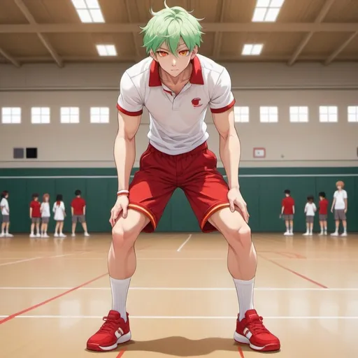 Prompt: Handsome anime boy with light green hair, yellow eyes, pale tan skin, muscular body, short sleeves white shirt with red trim, red shorts, white ankle socks, white tennis shoes, inside school gymnasium 