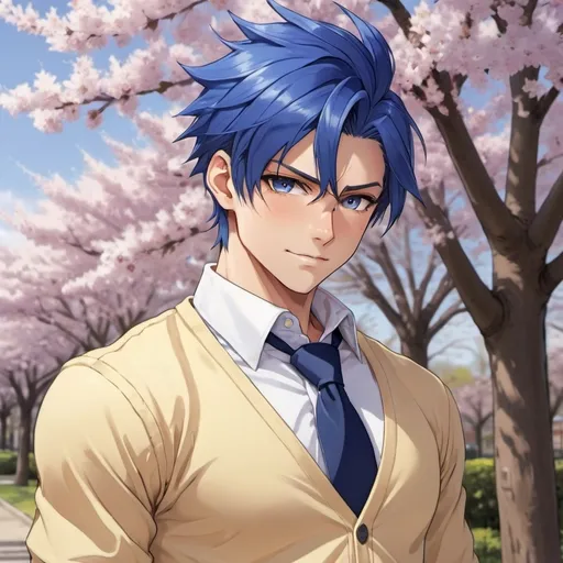 Prompt: Handsome muscular anime guy, cobalt blue hair, spiky cobalt blue hair that's swept up and back to the right, with two strands that stick out, one reaching his right eye and one reaching his ear, short hair, golden eyes, pale skin, muscular build, school uniform, long sleeves, white long sleeve collar button up shirt, navy blue necktie, yellow long sleeve cardigan sweater, navy blue pants, purple tennis shoes, full body, looking at viewer, smiling, cherry blossom trees background, sunny