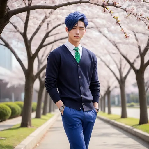 Prompt: Handsome muscular Korean guy, cobalt blue hair, spiky cobalt blue hair that's swept up and back to the right, with two strands that stick out, one reaching his right eye and one reaching his ear, short hair, hazel eyes, pale skin, muscular build, school uniform, long sleeves, white long sleeve collar button up shirt, green striped necktie, yellow long sleeve button up cardigan sweater, navy blue plaid pants, purple tennis shoes, full body, looking at viewer, smiling, cherry blossom trees background, sunny