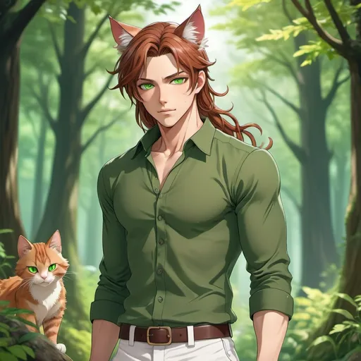 Prompt: Handsome anime young male, long reddish brown hair in low braid with matching cat ears and a long cat tail, olive green eyes, pale tan skin, muscular body, green long sleeve shirt and white pants