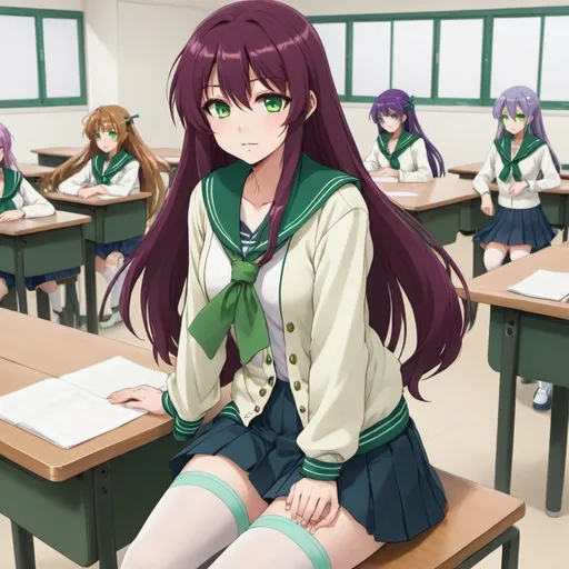 Prompt: Anime girl with long maroon hair in loose twin drills, purple hair ribbons, jade green eyes, pale tan skin, slim build, white sailor shirt, white sailor collar with green trim , green sailor scarf, light blue cardigan sweater, pale yellow stockings, green uwabaki shoes, full body, sitting on top of a desk, looking at viewer, classroom background 