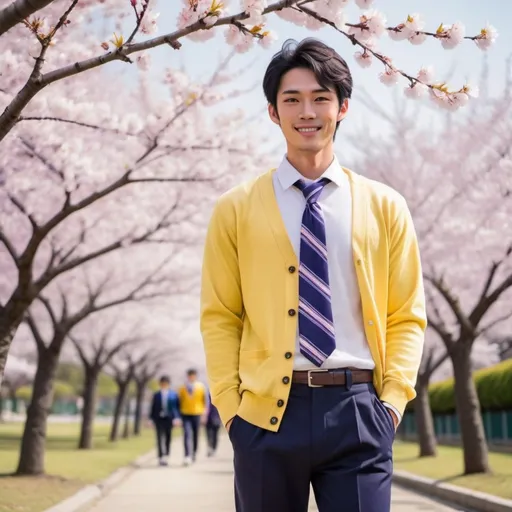 Prompt: Handsome Japanese man, athletic build, black hair, dark eyes , pale tan skin, school uniform, long sleeves, white long sleeve collar button up shirt, navy blue necktie, yellow long sleeve button up cardigan sweater, navy blue pants, purple tennis shoes, full body, looking at viewer, smiling, cherry blossom trees background, sunny