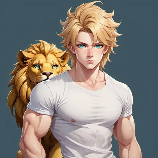 Prompt: Handsome anime young man with golden honey blonde hair, bright green eyes, hair between eyes, short hair, lion ears, pale skin, muscular build, long lion tail, skin tight white T-shirt, blue jeans, full body, looking at viewer, 
