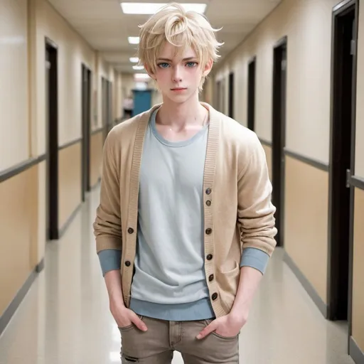 Prompt: Tall anime boy with short light blonde messy hair, blue grey eyes, pale skin, large build, muscular build, wearing a white shirt underneath a beige cardigan sweater and grey jeans, full body, school hallway background 