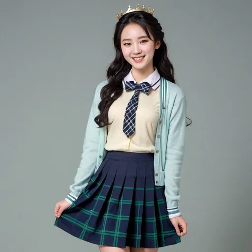 Prompt: Korean female in her late teens, long wavy black hair with crown braids, dark eyes, kind smile, pale skin, green striped bowtie, white collar blouse, light blue cardigan sweater, navy blue and light grey plaid skirt, black tights, dark blue converse, standing, full body, pale yellow background 