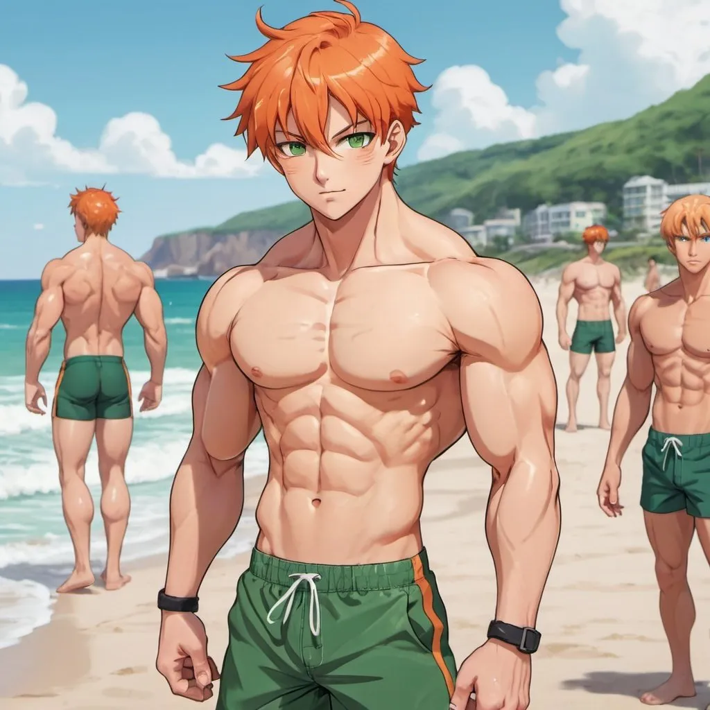 Prompt: An anime guy with short orange hair, red orange eyes, pale tan skin, muscular build, is wearing green  swim trunks and is standing at the beach