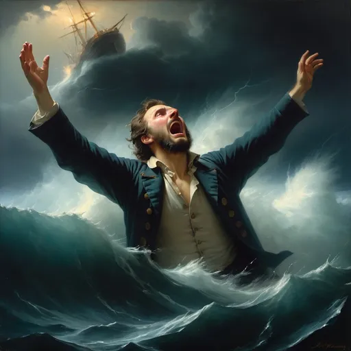 Prompt: A MAN drowns in the ocean, body is under water, He screams desperately, one hand up, Storm, shipwreck, (Fire on the ship:0.2), thunderstorm, portrait, close-up, (shirt:0.1),  looking up, 
oil on canvas, ivan aivazovsky, dark shot, 
 <lora:ClassipeintXL1.9:0.2>, ,best quality, high resolution, extreme detail, outstanding composition, masterpiece,