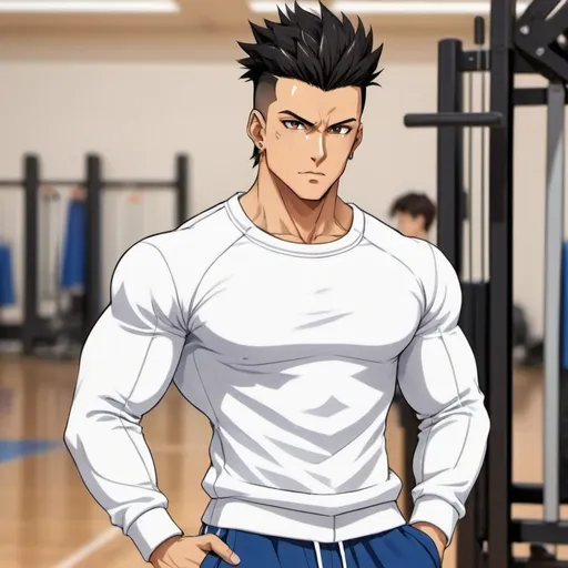 Prompt: Muscular anime guy with black spiked hair between golden brown eyes with tanned skin, is wearing a white long sleeve shirt and blue tracksuit pants and is in school gym