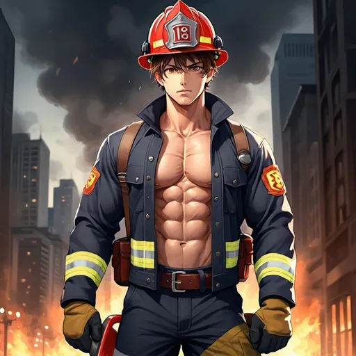 Prompt: Handsome anime guy, muscular build, brown eyes, brown hair, hair between eyes, massive pectorals, firemen outfit, suspenders, pants, helmet, jacket, holding axe, full body, city background, intense gaze, detailed eyes, professional, high quality, anime, urban, muscular, firefighter, detailed, atmospheric lighting