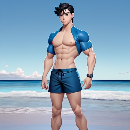 Prompt: Muscular young Anime guy in blue swim trunks with black hair and light blue eyes and pale skin, standing at the beach, full body