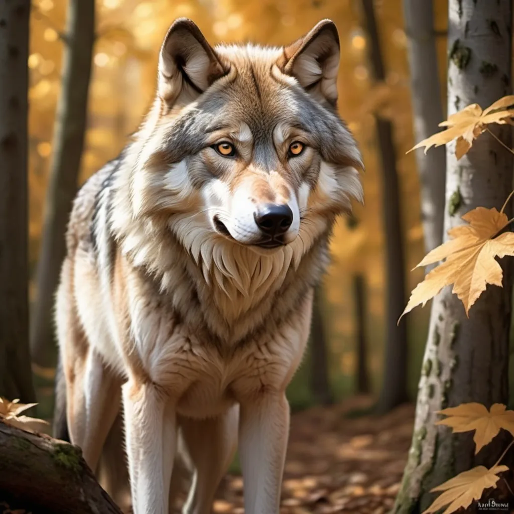 Prompt: Large adult wolf with light orange fur, white muzzle, white underbelly and paws, brown eyes, 