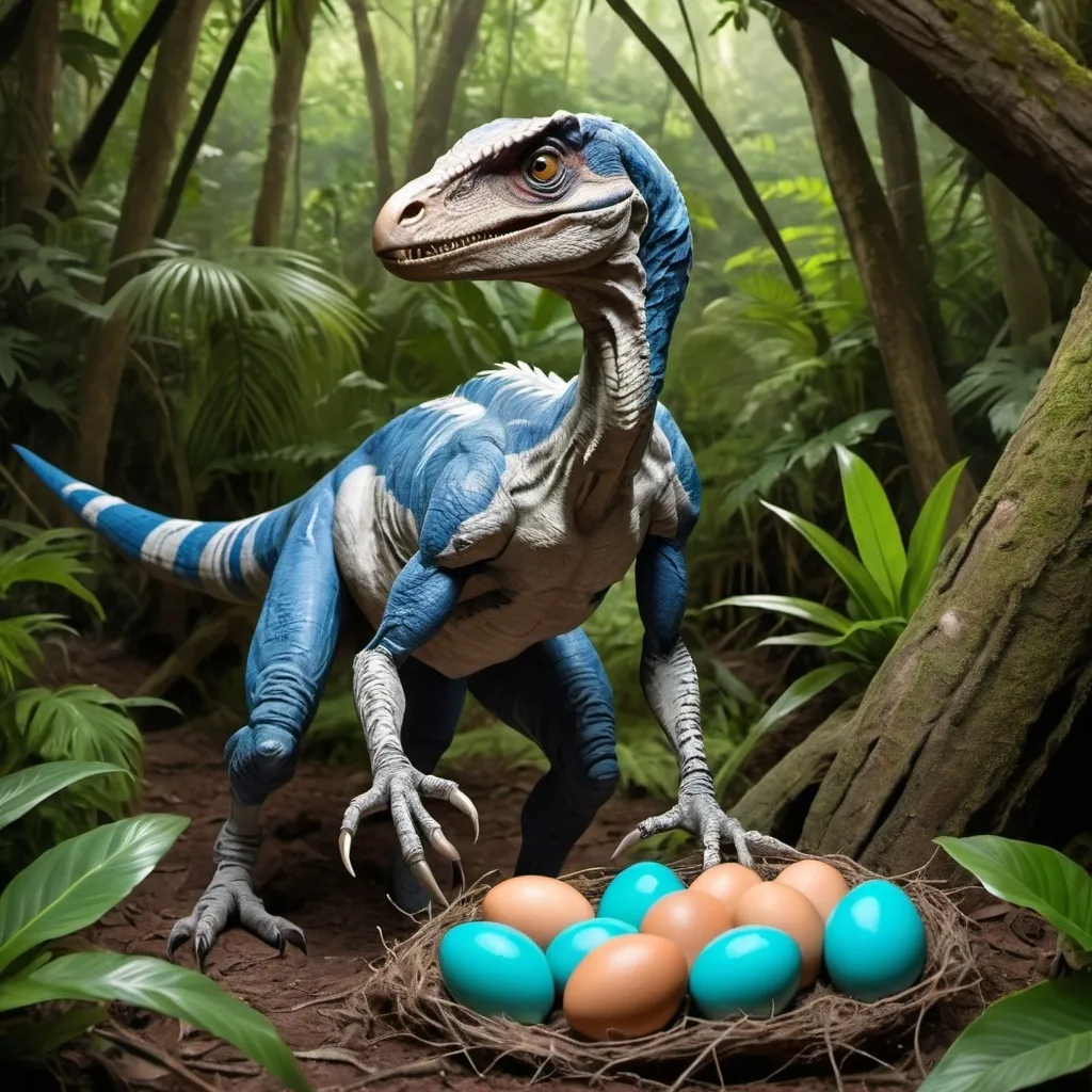 Prompt: Adult male velociraptor with green and blue mixed skin, standing in a jungle and guarding a nest full of 20 eggs