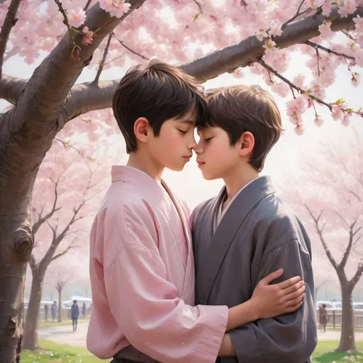 Prompt: Two boys lost in each other's embrace under a canopy of delicate cherry blossoms. Their love is palpable in the tenderness of their touch and the longing in their eyes. This stunning image, perhaps a painting, captures the ethereal beauty of young love amidst the fleeting bloom of spring. The boys' features are soft and illuminated by the pink petals falling around them.