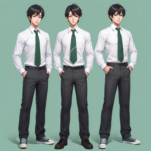 Prompt: Anime Tall triplet Korean men with short black hair, large bulging pectorals, large bulging biceps, and large bulging calves, school uniform, long sleeves, wearing a long sleeves tight white button-down shirt, green necktie, green pants, black converse, standing and facing the viewer, full body, light blue background, highres, detailed, realistic, professional, portrait, modern, light blue background, focused lighting