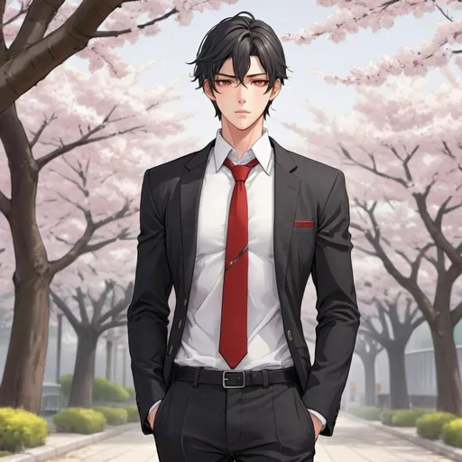 Prompt: Extremely handsome Manhwa young man with short ebony black hair, steel grey eyes, hair between eyes, pale skin, his arms and legs were large, his shoulders broad and his chest and back well-sculpted, and a massive pair of large, defined pecs to go with the pack, school uniform, long sleeve, tight white button up long sleeve shirt, black blazer suit jacket with red trim, red necktie, black pants, full body, looking at viewer, underneath cherry blossom tree background,