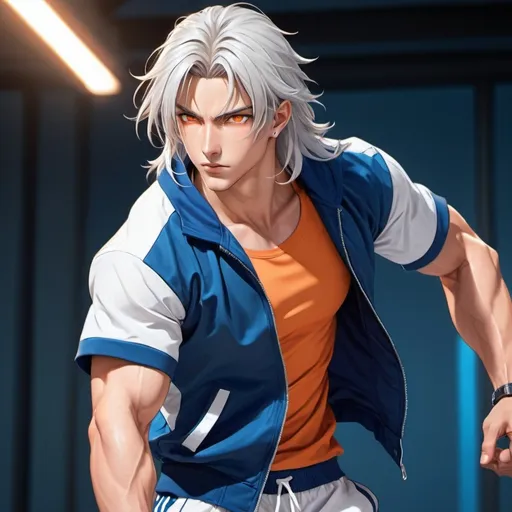 Prompt: Handsome anime guy with long silver white waist length hair, sharp orange eyes, pale tan skin, toned and athletic body, blue tracksuit unzipped jacket, white short sleeve shirt and blue tracksuit pants 