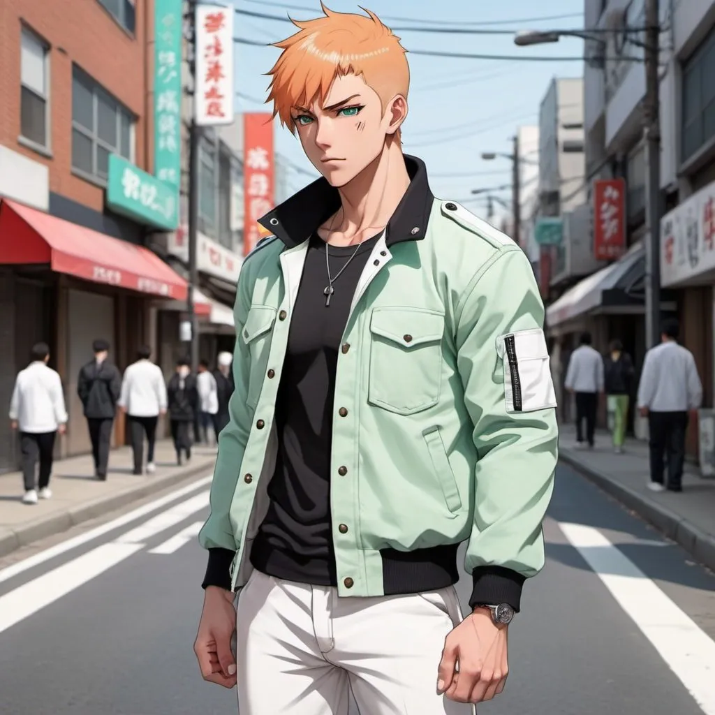 Prompt: Anime guy with short light orange hair with the sides buzzed off, mint green eyes, pale tan skin, muscular build, wearing a white military style gakuran jacket, open jacket, black graphic shirt underneath, white pants, full body, red and white uwabaki shoes, standing outside in the streets 