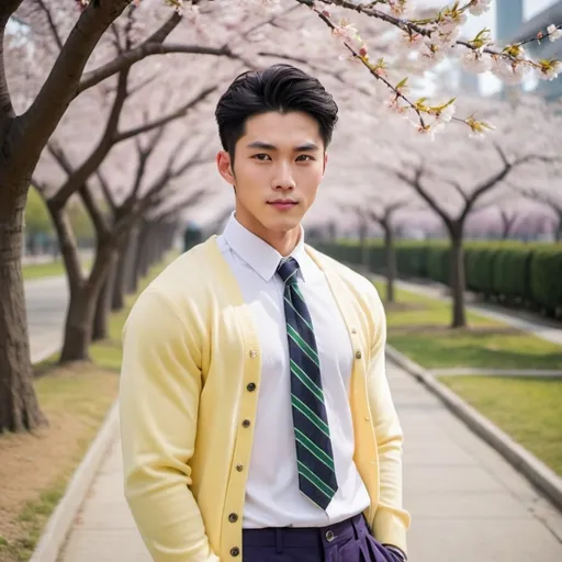 Prompt: Handsome muscular Korean guy, black hair, spiky black hair that's swept up and back to the right, with two strands that stick out, one reaching his right eye and one reaching his ear, short hair, hazel eyes, pale skin, muscular build, school uniform, long sleeves, white long sleeve collar button up shirt, green striped necktie, yellow long sleeve button up cardigan sweater, navy blue plaid pants, purple tennis shoes, full body, looking at viewer, smiling, cherry blossom trees background, sunny