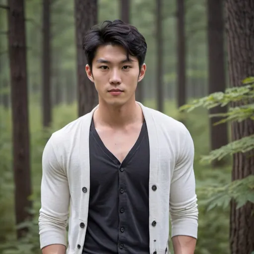 Prompt: South Korean and North American young adult male in his early twenties, short black hair, pale tan skin, muscular build, wearing a white shirt underneath a unbuttoned cardigan, dark grey jeans, forest background 