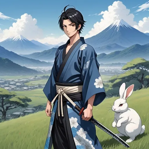 Prompt: Handsome anime guy with short black hair, pale tan skin, athletic build, a samurai wearing a blue and grey Kimono, a black and blue katana on his left hip, is standing in a open grassy field, big blue sky and distant mountains in the background, a white rabbit at his feet