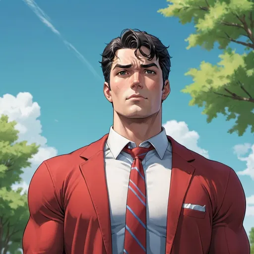 Prompt: a image of superman in a red unbuttoned cardigan sweater and a tie standing under blue skies with green grass, male focus, 1boy, solo, shirt, necktie, muscular, muscular male, pectorals, collared shirt, looking at viewer, short hair, black hair, white shirt, bangs, bara,Manhwa style ,score_9, score_8_up, score_7_up, 