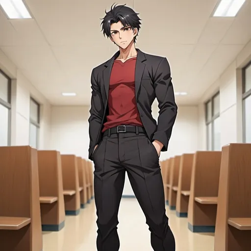 Prompt: Handsome anime young man with an muscular build his arms and legs were large, his shoulders broad and his chest and back well-sculpted, and a massive pair of large, defined pecs to go with the pack, short black hair, hair in between eyes, brown eyes, tall, pale tan skin, school uniform, long sleeves, red t-shirt, unbuttoned black gakuran jacket, black pants, white sneakers, full body, looking at viewer
