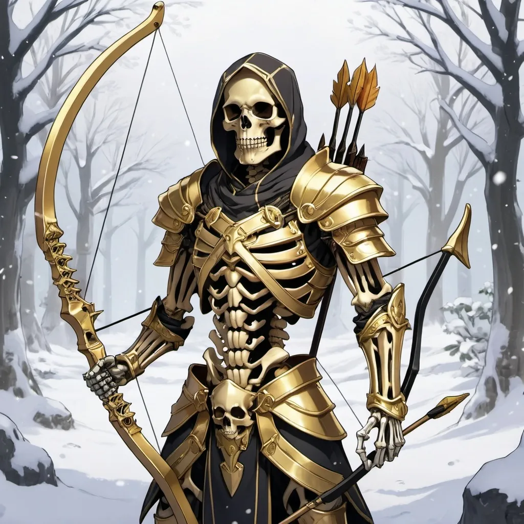 Anime skeleton archer in full gold armor, holding a...