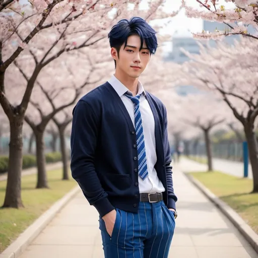 Prompt: Handsome muscular Korean guy, black and cobalt blue hair, spiky black and cobalt blue hair that's swept up and back to the right, with two strands that stick out, one reaching his right eye and one reaching his ear, short hair, amber eyes, pale skin, muscular build, school uniform, long sleeves, yellow long sleeve cardigan sweater, white long sleeve collar button up shirt, green striped necktie, navy blue plaid pants, purple tennis shoes, full body, looking at viewer, smiling, cherry blossom trees background, sunny,Manhwa style