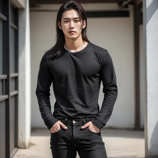 Prompt: Handsome Korean young man with very long dark brown hair in a high ponytail, black long sleeve shirt, black jeans and combat boots 