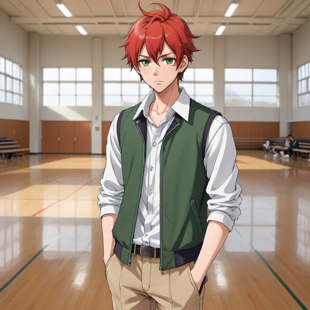 Prompt: Attractive anime young man, his hair is Red, with Pixie and Straight medium in the back; with Ahoge, Jitome (Bored); Green, pale tan skin, athletic build, white long sleeve Collared shirt with a Grey Jacket Vest, Tan Pants, white socks, white sneakers, full body, looking at viewer, school gymnasium background 