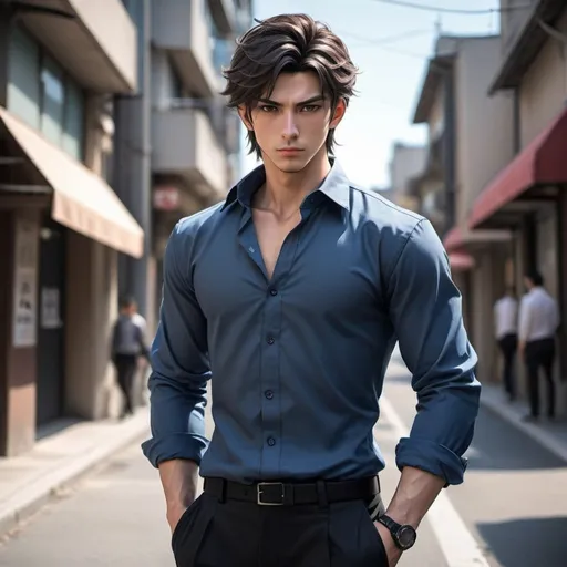 Prompt: Anime Japanese and Italian young man, strong masculine body, blue long sleeve shirt, black pants, high quality, detailed, realistic, contemporary, masculine, professional, cool tones, tailored outfit, urban setting, confident stance, natural lighting, detailed facial features, striking eyes, stylish hair