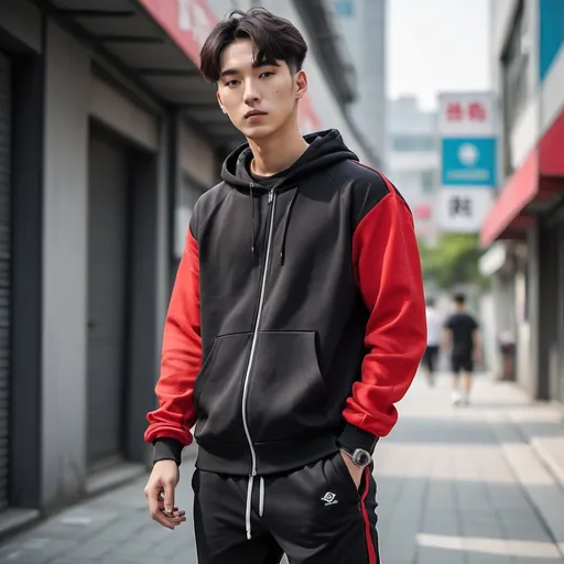 Prompt: Korean young man in black t-shirt and red tracksuit, urban streetwear, AI concept, high-quality, detailed, realistic, modern, urban, AI, Korean, young man, street style, black t-shirt, red tracksuit jacket, tracksuit pants, white tennis shoes, street fashion, modern city, realistic lighting
