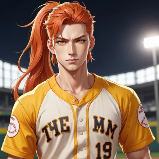 Prompt: Handsome anime guy with long red orange hair in a high ponytail, neon yellow eyes, pale tan skin, a muscular body, wearing a yellow shirt with white pants baseball player uniform