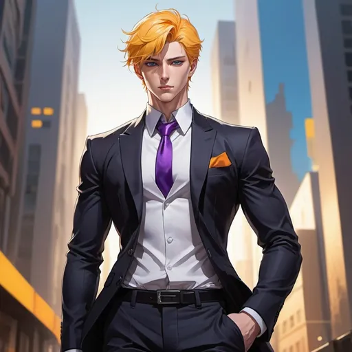 Prompt: Handsome Manhwa guy with short yellow orange hair and purple blue eyes, pale skin, buff muscular body, wearing a black suit 