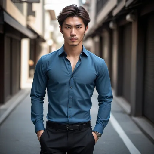 Prompt: Handsome Japanese and Italian young man, strong masculine body, blue long sleeve shirt, black pants, high quality, detailed, realistic, contemporary, masculine, professional, cool tones, tailored outfit, urban setting, confident stance, natural lighting, detailed facial features, striking eyes, stylish hair