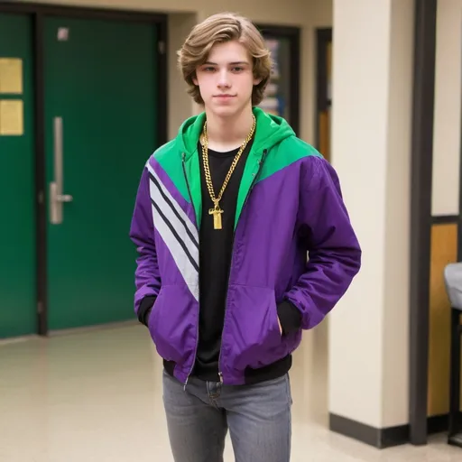 Prompt: A American high school male student who has fair skin and medium length light brown hair, he has a lean and powerful body. He wears a purple jacket with a large light grey stripe across the top half, a grey undershirt, a gold chain necklace, dark blue jeans, and black sneakers with bright green accents and white laces.