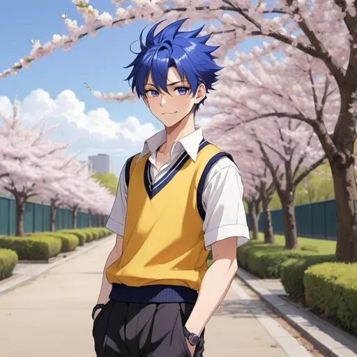 Prompt: Handsome lean and powerful anime guy, cobalt blue hair, spiky cobalt blue hair that's swept up and back to the right, with two strands that stick out, one reaching his right eye and one reaching his ear, short hair, golden eyes, pale skin, lean build, school uniform, short sleeves, white short sleeve collar button up shirt, yellow sweater vest, black pants, purple tennis shoes, full body, looking at viewer, smiling, cherry blossom trees background, sunny