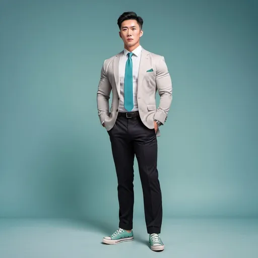 Prompt: Tall Korean man with short cyan hair, bodybuilder large bulging pectorals, large bulging biceps, and large bulging calves, wearing a light grey blazer and a long sleeves tight white button-down shirt, red necktie, black pants, green converse, standing and facing the viewer, full body, light blue background, highres, detailed, realistic, professional, portrait, modern, light blue background, focused lighting