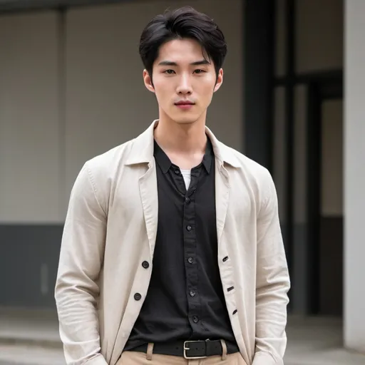 Prompt: A handsome young Korean man with a lean and powerful build who has light pale skin, dark eyes, short and slightly messy black hair. His outfit is a long sleeve white button up shirt with black trim, the shirt has a undone button, a long sleeve black cardigan sweater with two white rings on his biceps sleeves, khaki pants, light brown loafers