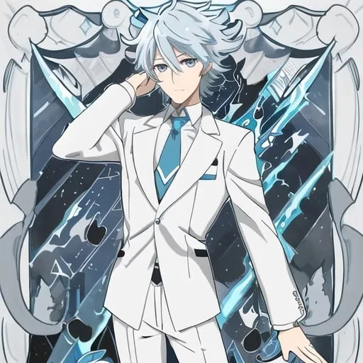 Prompt: Anime guy with cyan hair, silver eyes, hair between eyes, pale tan skin, white collar shirt, white blazer jacket, blue necktie, blue pants, full body, dark brown loafers, city background 