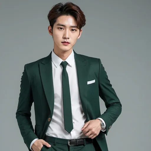 Prompt: young handsome korean male wearing a white collar shirt and a dark green blazer and matching pants