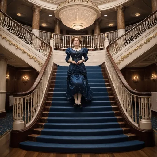 Prompt: The grand staircase on the Titanic but in space with an Edwardian lady dressed in blue stars standing on it