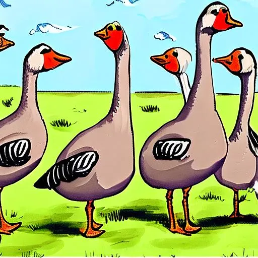 Prompt: A gaggle of geese in cartoon format

