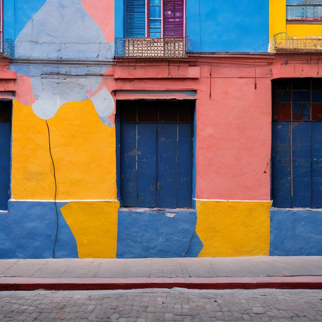 Prompt: la boca corner painting with two guitars leaning on

