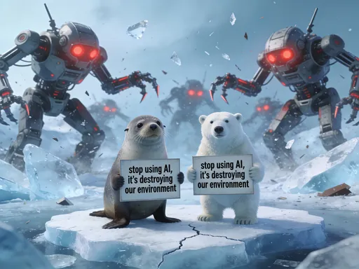 Prompt: seal and polar bear holding signs saying stop using AI, it's destroying our environment in the Arctic, where robots attack.