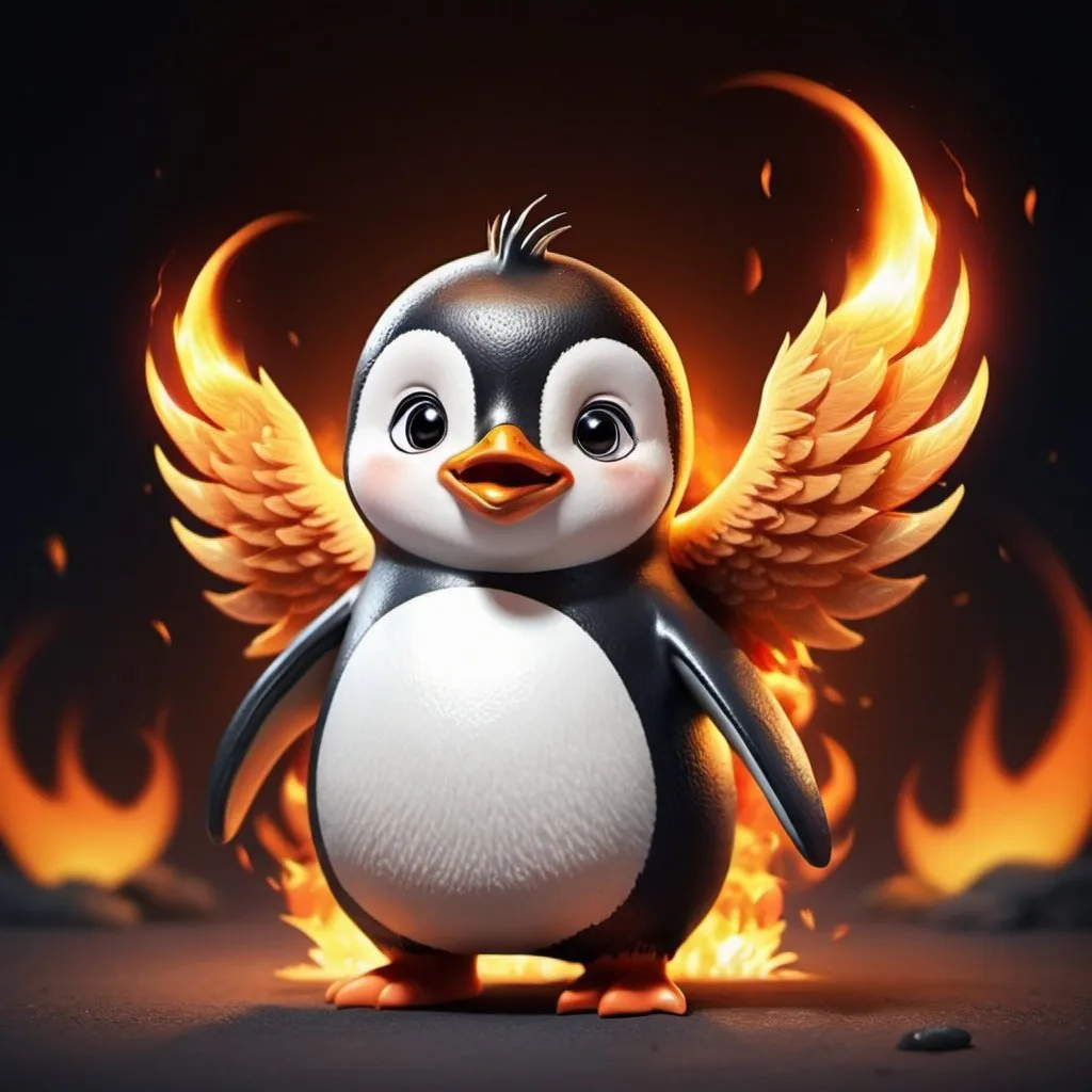 Prompt: A cute penguin with fire around him like a phoenix