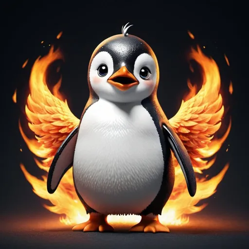 Prompt: A cute penguin with fire around him like a phoenix