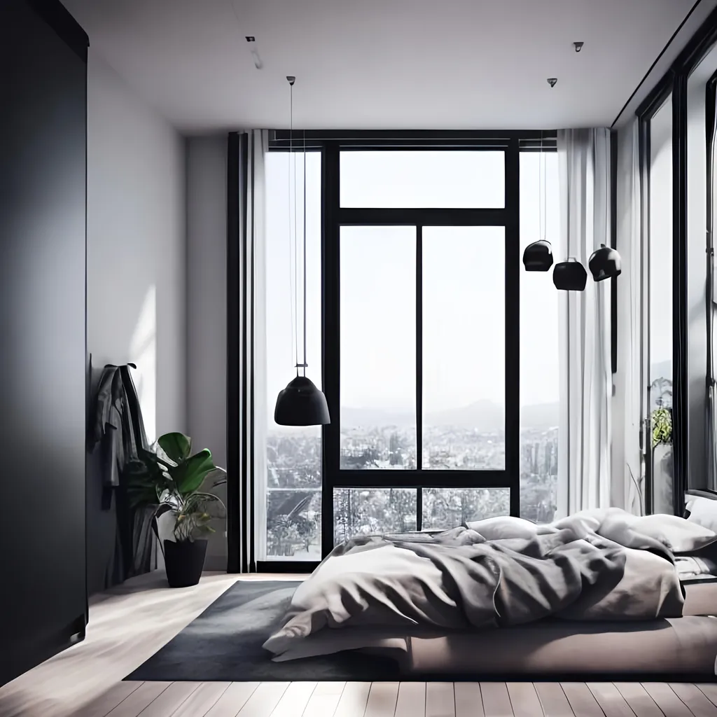 Prompt: Create a photo of a clean bedroom with black colors and a view outside